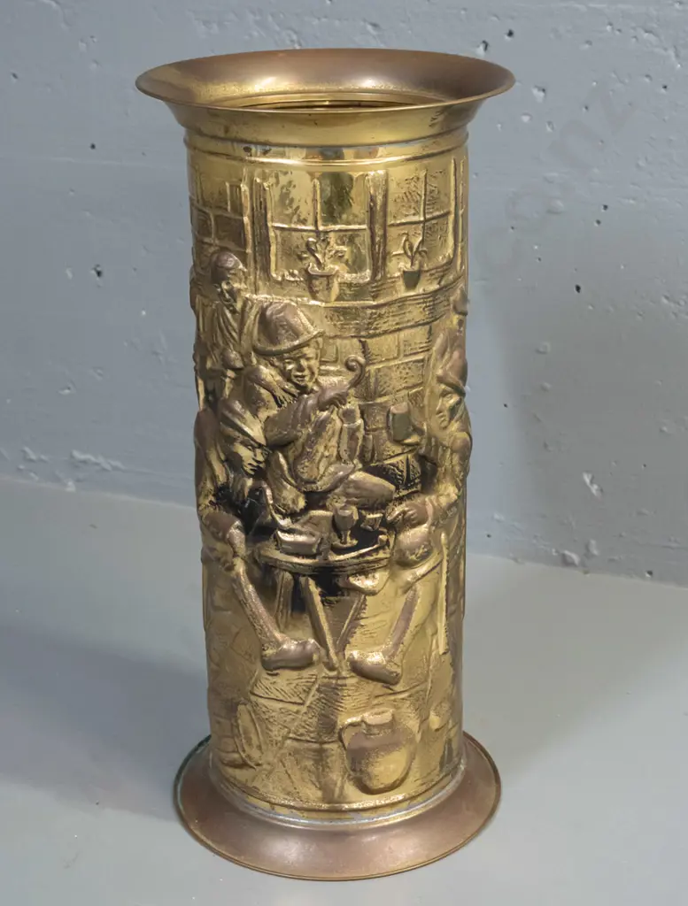 cylindrical pressed brass tavern scene umbrella / stick stand, stamped Lombard England on bottom - some denting and some Image 1++