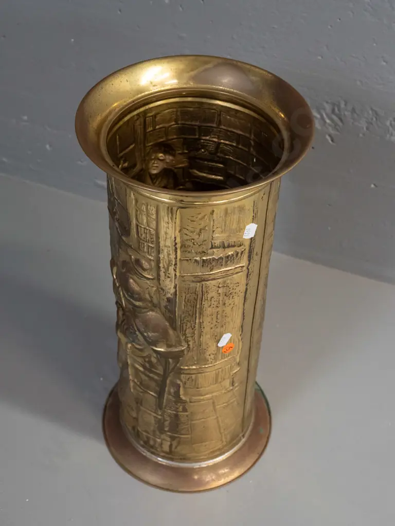 cylindrical pressed brass tavern scene umbrella / stick stand, stamped Lombard England on bottom - some denting and some Image 1++
