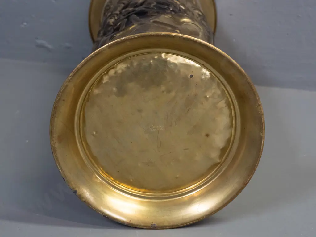 cylindrical pressed brass tavern scene umbrella / stick stand, stamped Lombard England on bottom - some denting and some Image 1++