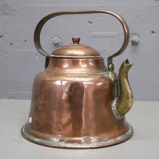 Turkish copper-plated bell-shaped kettle, brass spout and fittings to handle, copper lid and handle. Some dinting &