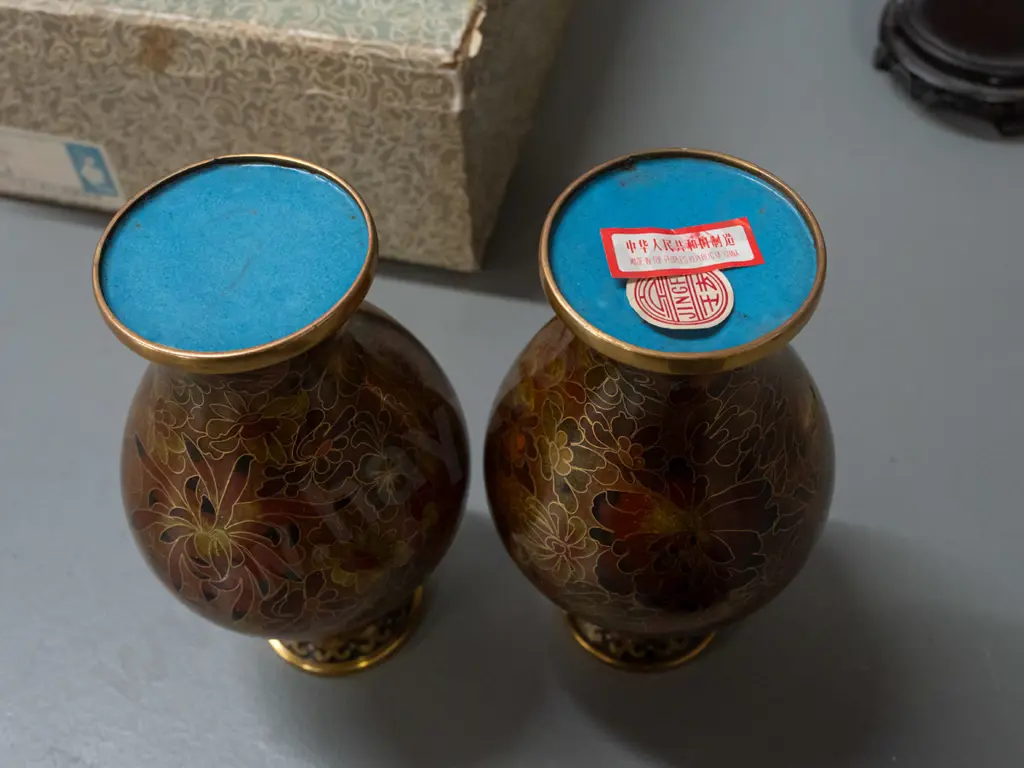 pair of Chinese floral cloisonne vases with wooden stands and box - one vase has area of impact damage to enamel. Image 1++