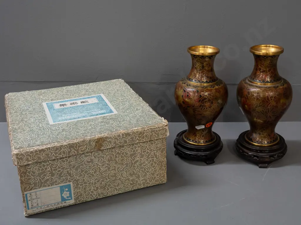 pair of Chinese floral cloisonne vases with wooden stands and box - one vase has area of impact damage to enamel. Image 1++
