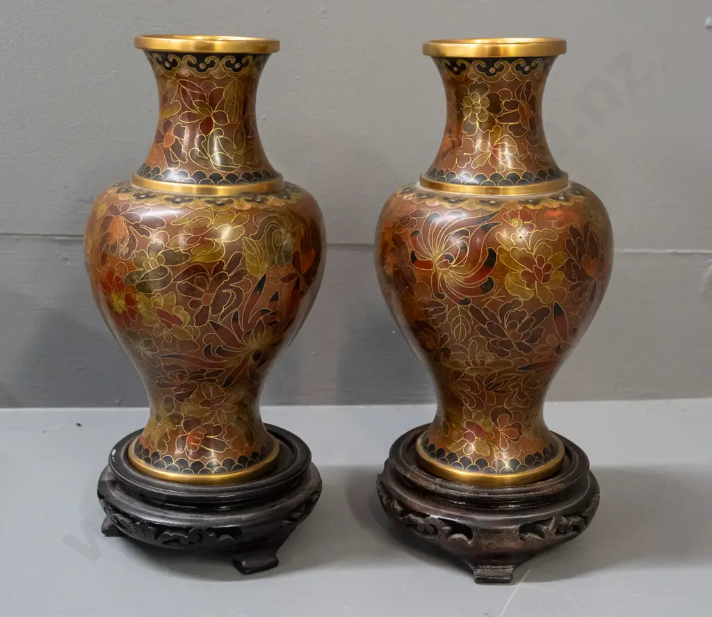 pair of Chinese floral cloisonne vases with wooden stands and box - one vase has area of impact damage to enamel. Image 1++