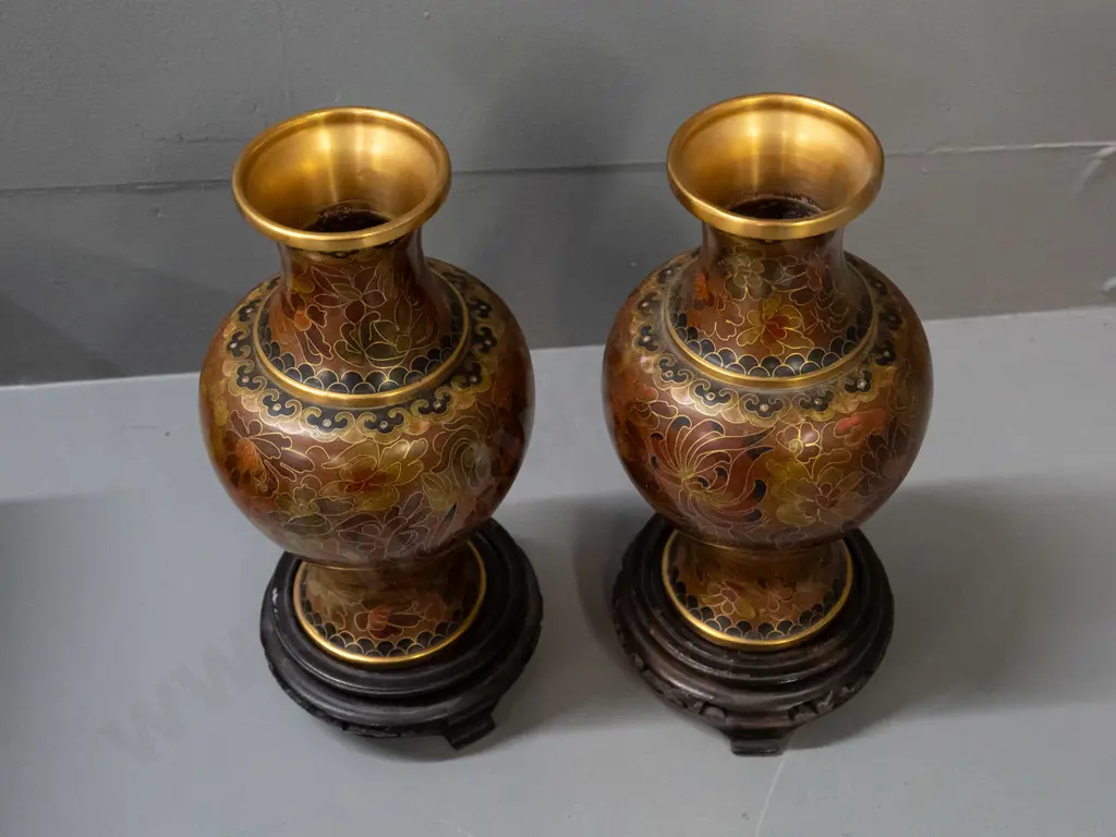 pair of Chinese floral cloisonne vases with wooden stands and box - one vase has area of impact damage to enamel. Image 1++