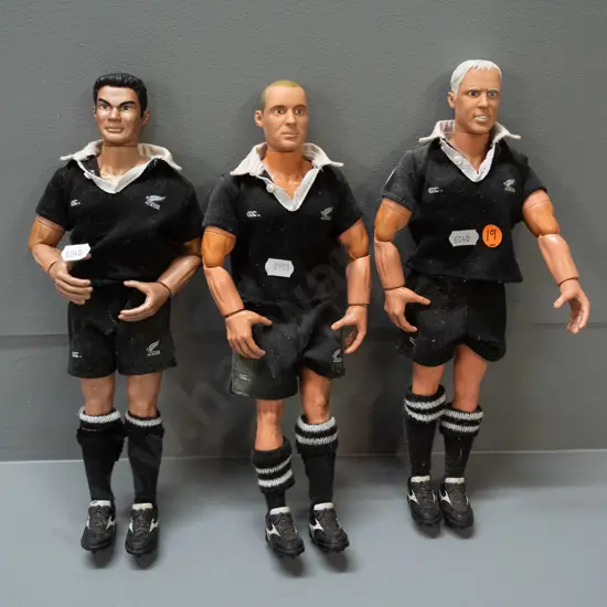 3 All Blacks rugby player dolls - marked 1992 Hasbro - approx. H-300 - uniforms stained and faded