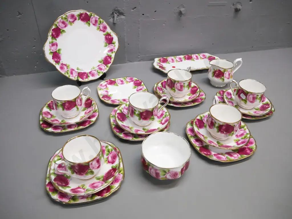 Royal Albert Old English Rose tea set, 6 trios, cake & sandwich plate, cream & sugar, and extra side plate. Cake Image 1++