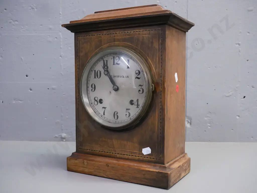 vintage walnut cased mantle clock with ebony and boxwood stringing, brass bezel, domed glass, silvered face w/ Stewart Image 1++