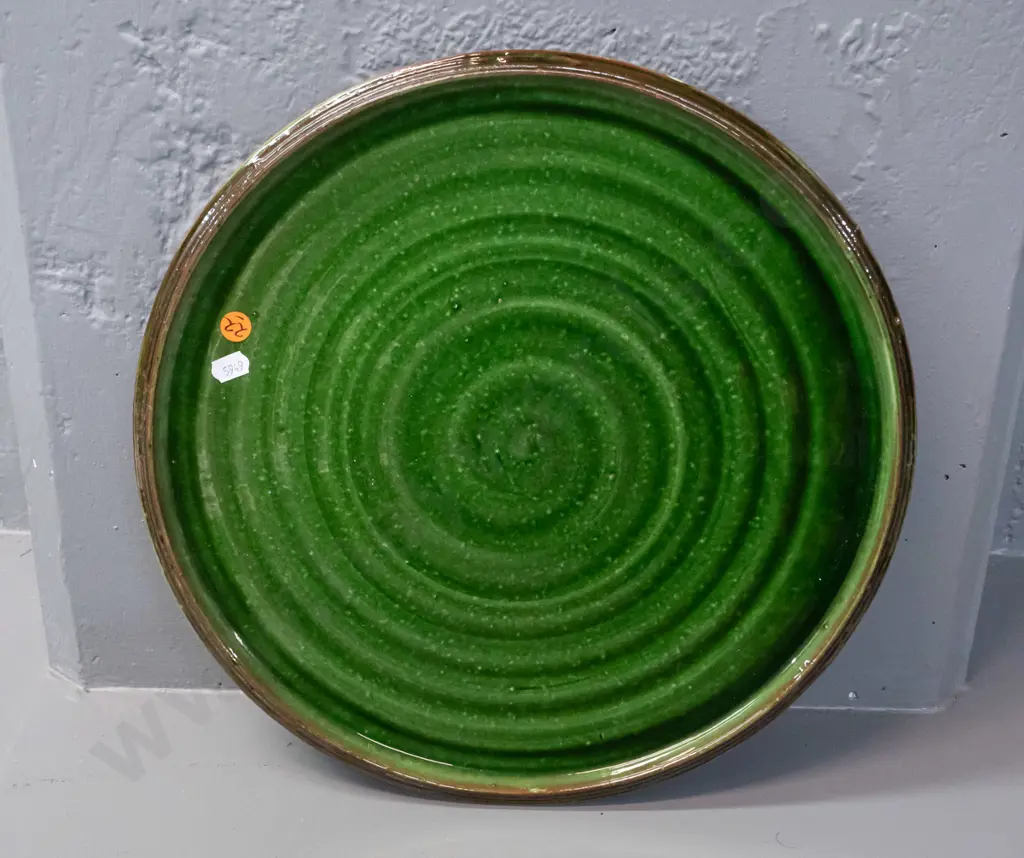 Tony Sly New Zealand studio pottery platter with green swirl pattern - impressed mark on underside - D-360 Image 1++