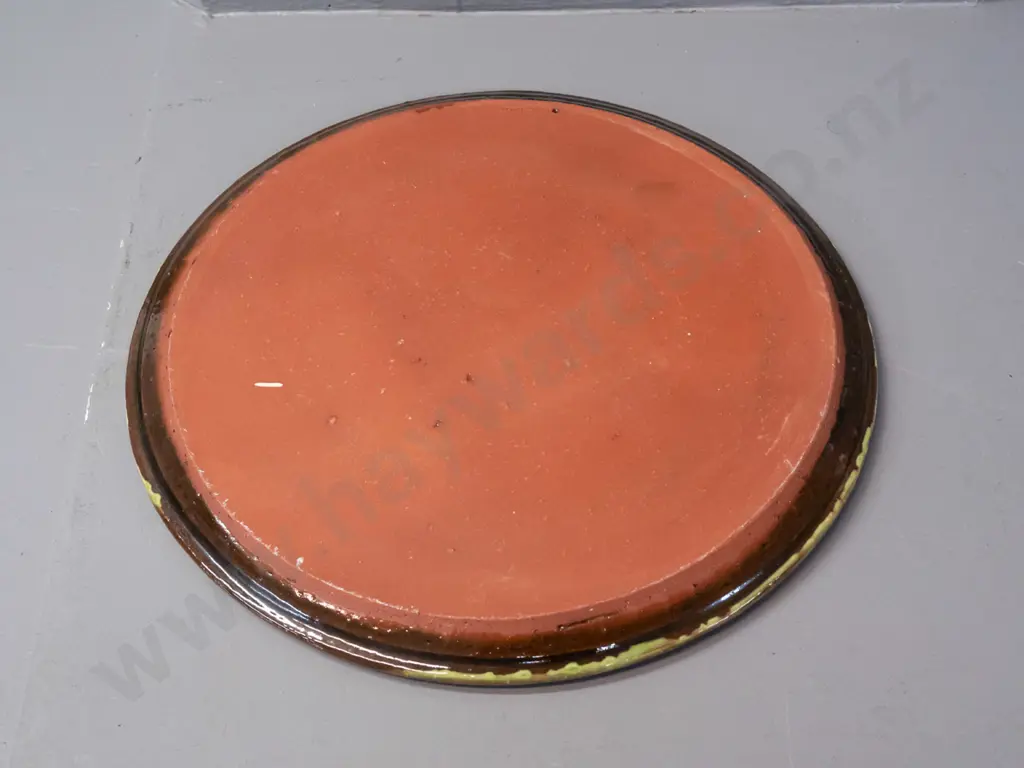 Tony Sly New Zealand studio pottery platter with green swirl pattern - impressed mark on underside - D-360 Image 1++
