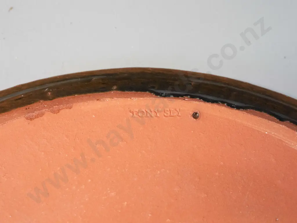 Tony Sly New Zealand studio pottery platter with green swirl pattern - impressed mark on underside - D-360 Image 1++