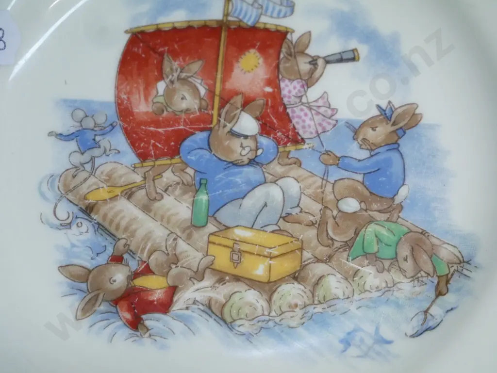 assorted Royal Doulton 'Bunnykins' items: 3x large plates 3x bowls 5x eggcups. All plates/bowls have scratching, 2x mugs Image 1++
