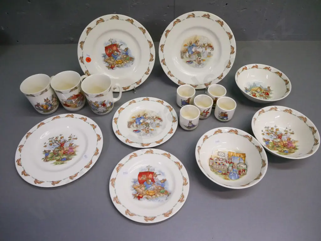 assorted Royal Doulton 'Bunnykins' items: 3x large plates 3x bowls 5x eggcups. All plates/bowls have scratching, 2x mugs Image 1++