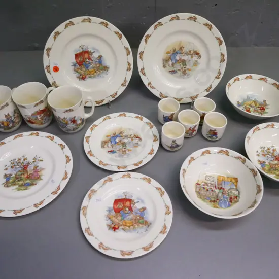 assorted Royal Doulton 'Bunnykins' items: 3x large plates 3x bowls 5x eggcups. All plates/bowls have scratching, 2x mugs