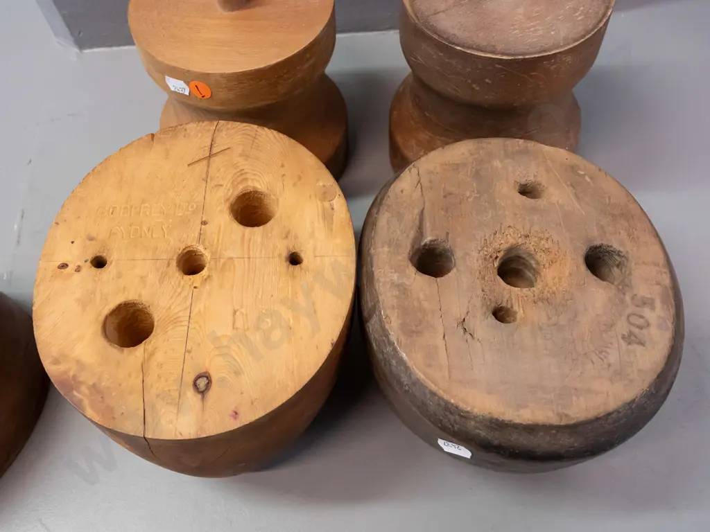 5 mismatched hat blocks pieces - 2 bases, and 3 top sections, vintage except one newer base. Fedora shaped marked Image 1++