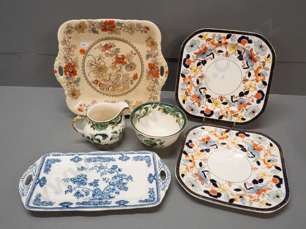 Masons jug & sugar bowl, sandwich plate and handled cake plate, 2 Woods Burslem rectangular "Bedford" plates. Image 1++