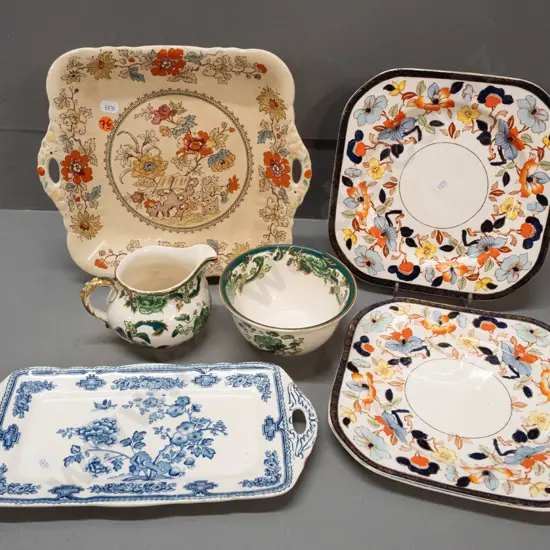 Masons jug & sugar bowl, sandwich plate and handled cake plate, 2 Woods Burslem rectangular "Bedford" plates.