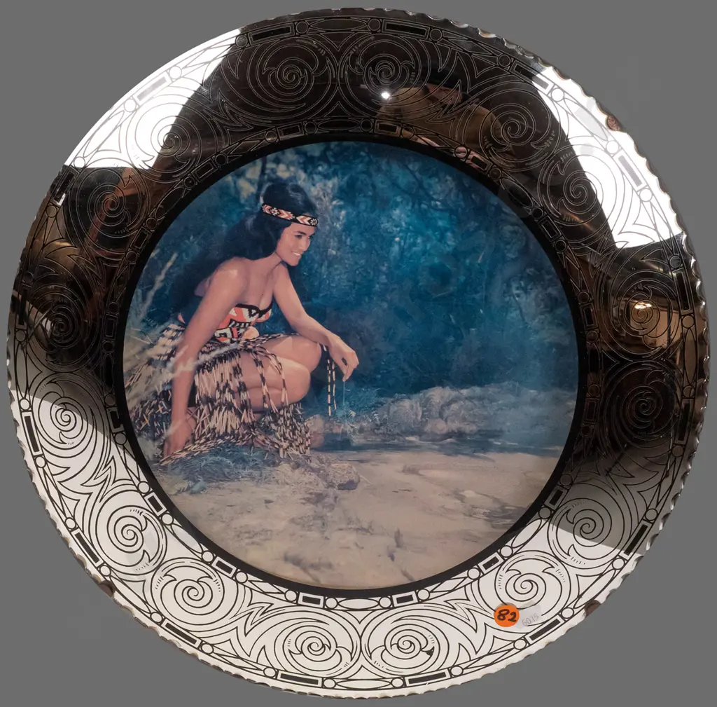 photo in convex mirrored frame, Māori woman by Rotorua pool, D-390 Image 1++
