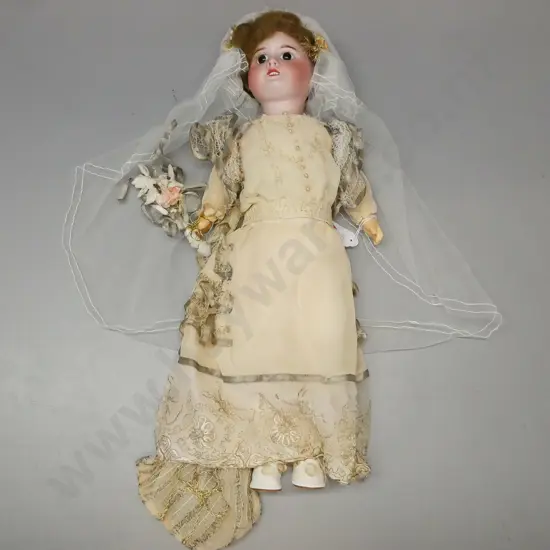 vintage porcelain doll w/ glass eyes in wedding dress, SFBJ Paris, some wear and staining to costume, loose hairpiece.