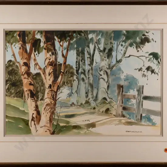 Stan Hopkins -- framed watercolour on paper, "Walk in the Town Belt" H-330 W-490 [fading]