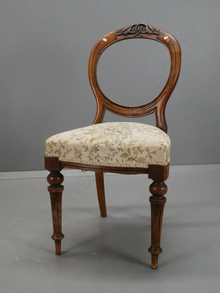 Victorian walnut balloon back side or bedroom chair with turned fluted legs, floral upholstered seat. Loose back, Image 1++