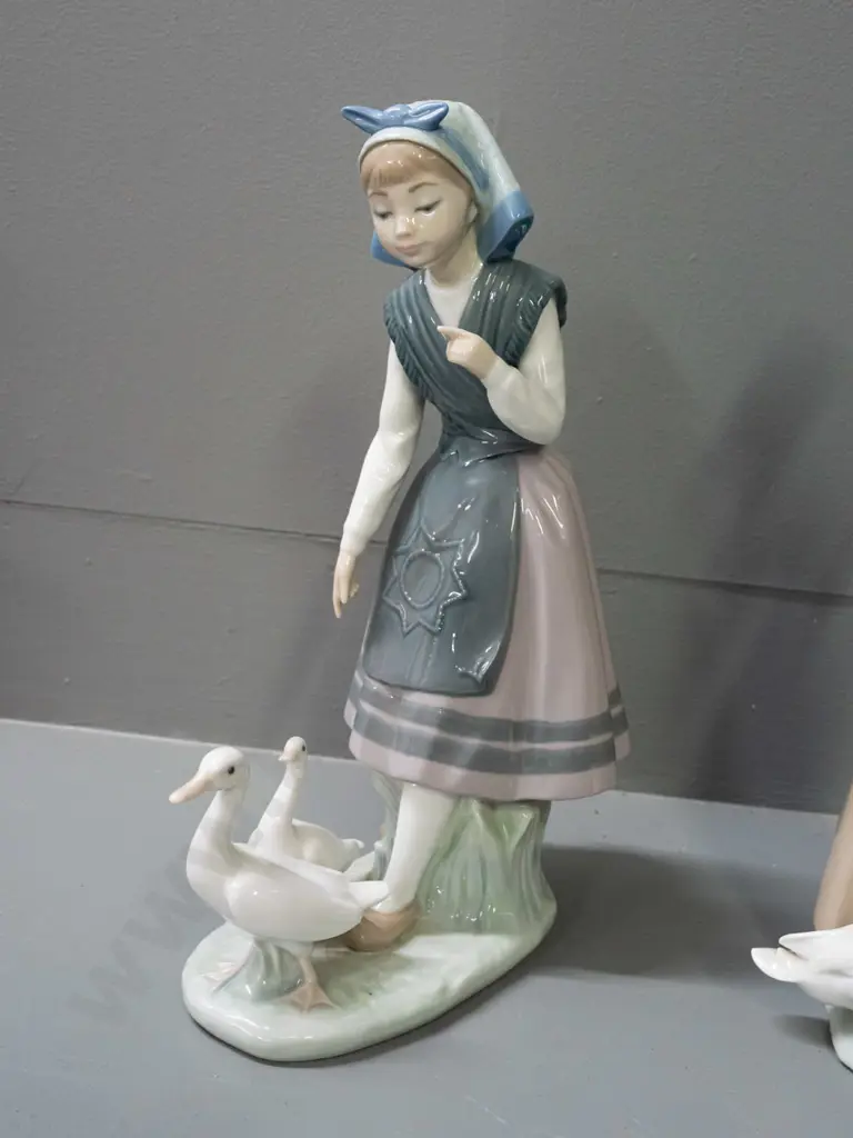 2 Lladro figurines - girls with white ducks - taller one may have had hand-held item of some sort H-280 Image 1++