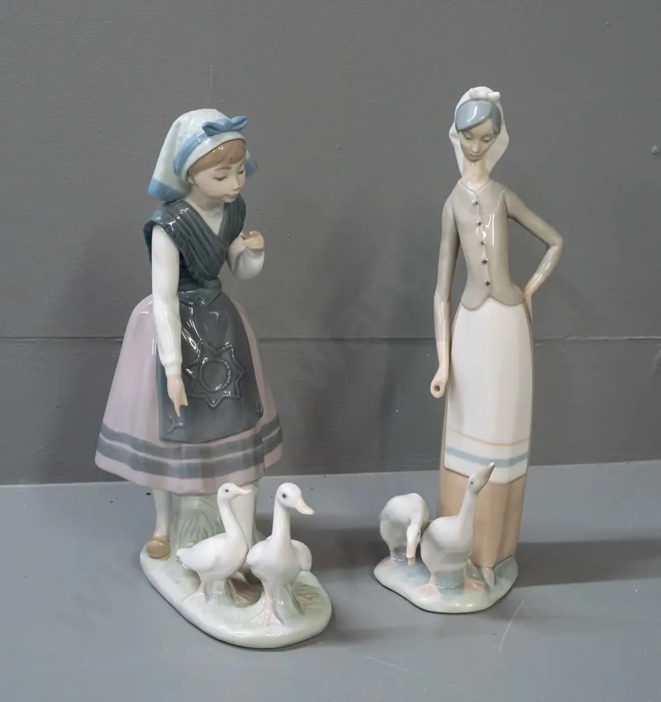 2 Lladro figurines - girls with white ducks - taller one may have had hand-held item of some sort H-280 Image 1++