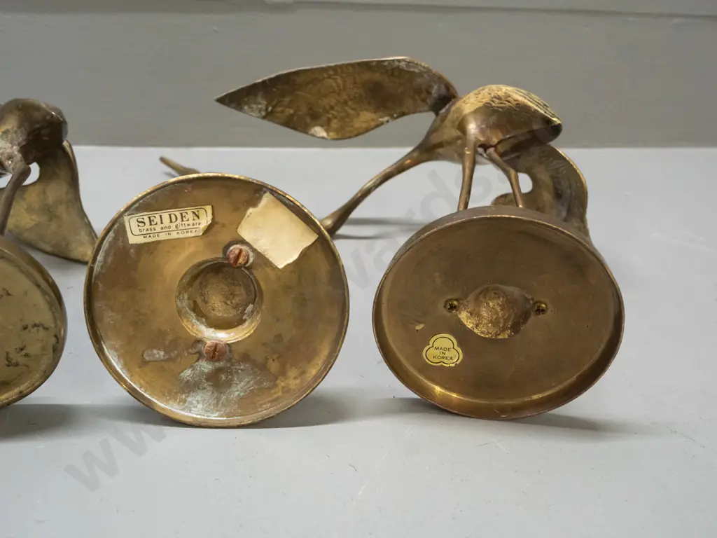 3 cast brass crane figures - two with made in Korea labels, one with maker Seiden - tallest is H-280 Image 1++