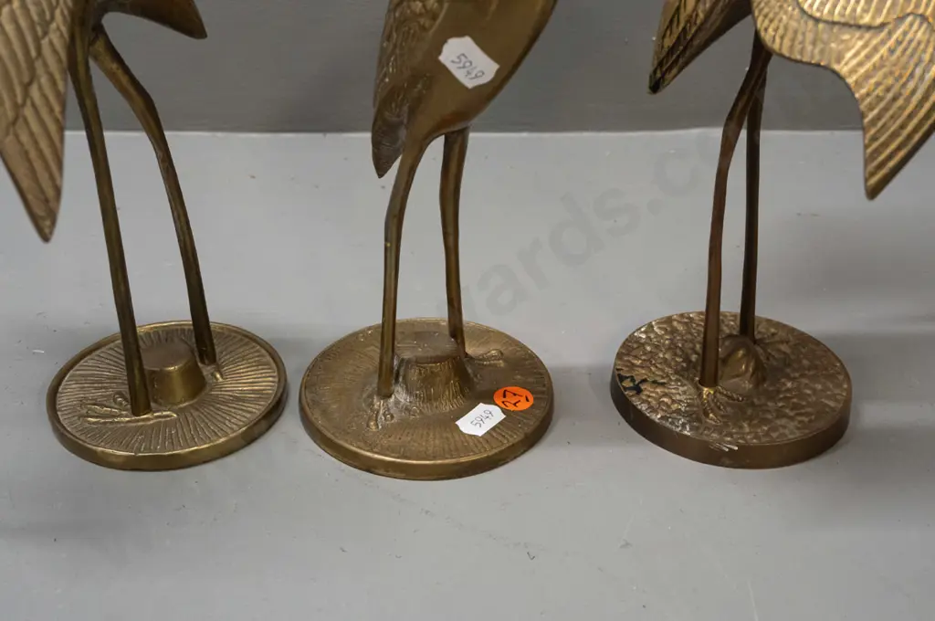 3 cast brass crane figures - two with made in Korea labels, one with maker Seiden - tallest is H-280 Image 1++