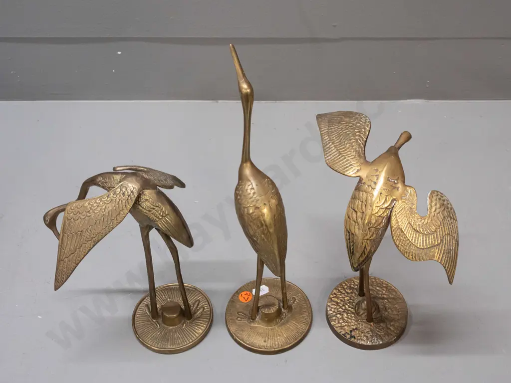 3 cast brass crane figures - two with made in Korea labels, one with maker Seiden - tallest is H-280 Image 1++