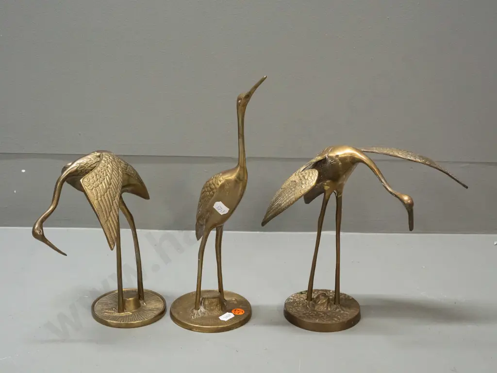 3 cast brass crane figures - two with made in Korea labels, one with maker Seiden - tallest is H-280 Image 1++