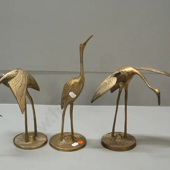 3 cast brass crane figures - two with made in Korea labels, one with maker Seiden - tallest is H-280