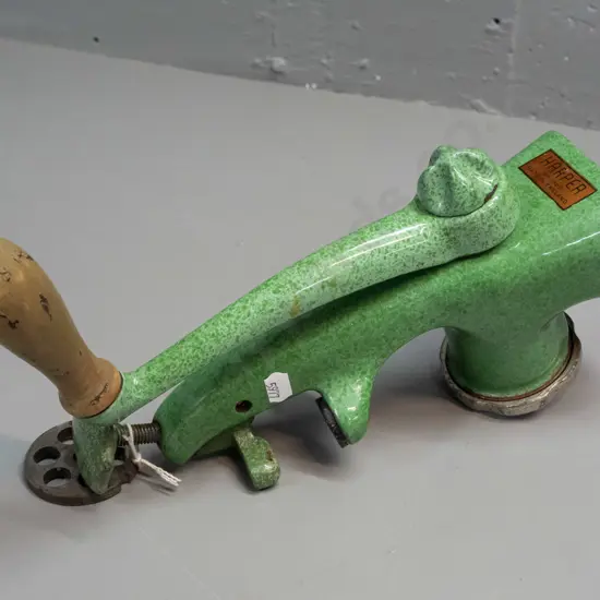 vintage heavy green speckled enamel Harper No. 1000 bench-mount grinder with timber handle, spare plate. H-250 W-150