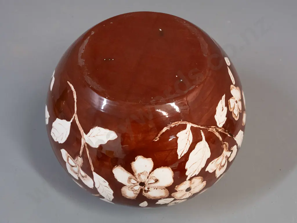 hand painted brown and ivory floral pattern jardiniere, no maker's marks H-190 D-180 Image 1++