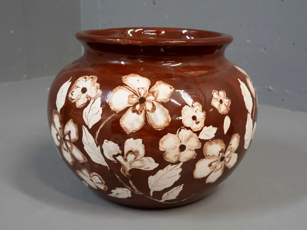 hand painted brown and ivory floral pattern jardiniere, no maker's marks H-190 D-180 Image 1++