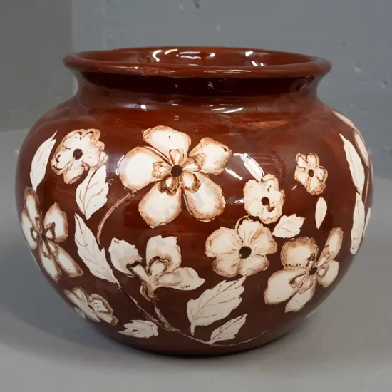 hand painted brown and ivory floral pattern jardiniere, no maker's marks H-190 D-180