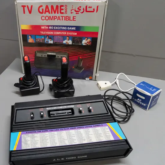 boxed videogame console - marked JLB Video Game, Model 2600 - with cord and 2 controllers - in original box, very good