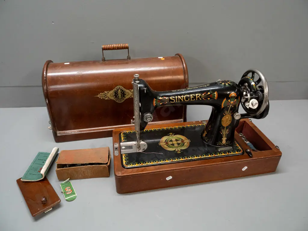 vintage Singer tabletop manual hand crank sewing machine with walnut case w/lockable lid, storage compartment with spare Image 1++