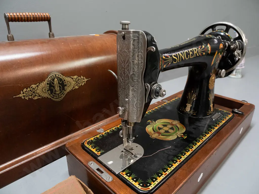 vintage Singer tabletop manual hand crank sewing machine with walnut case w/lockable lid, storage compartment with spare Image 1++