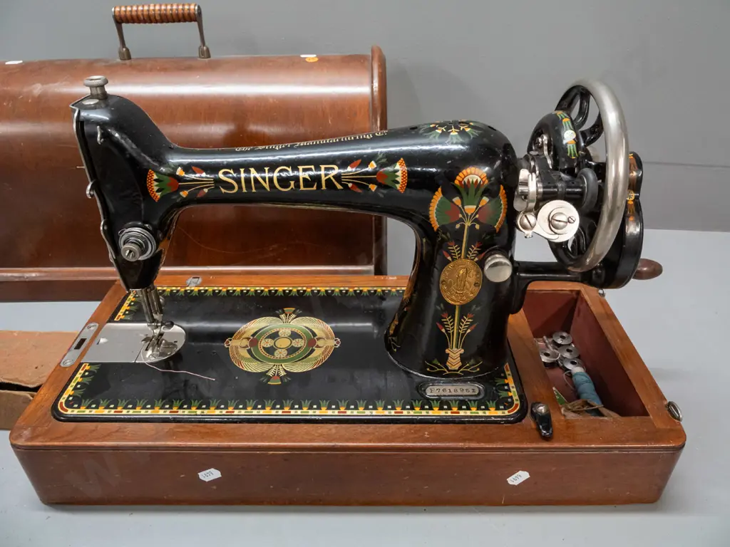 vintage Singer tabletop manual hand crank sewing machine with walnut case w/lockable lid, storage compartment with spare Image 1++