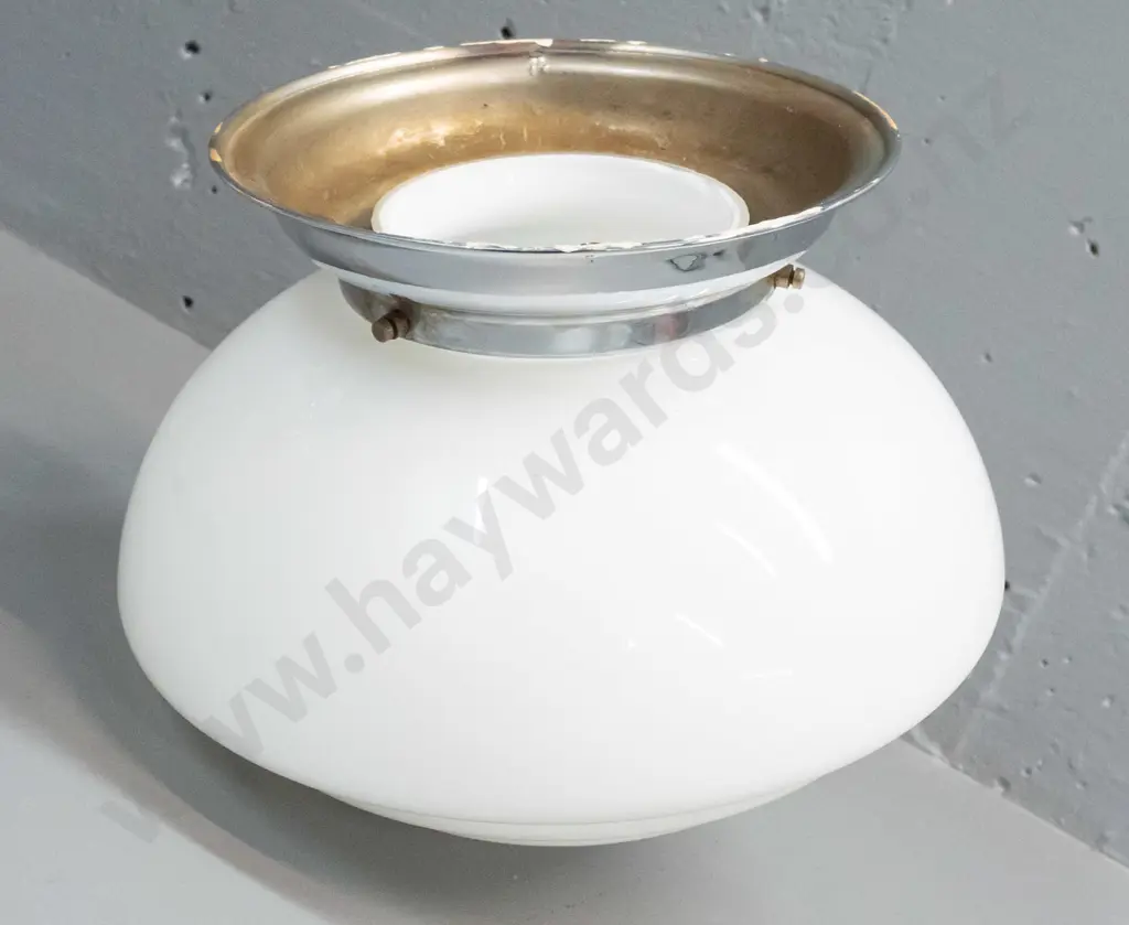 deco milk glass stepped-form ceiling light shade with chrome journal - some discolouration to metal H-210 D-250 Image 1++