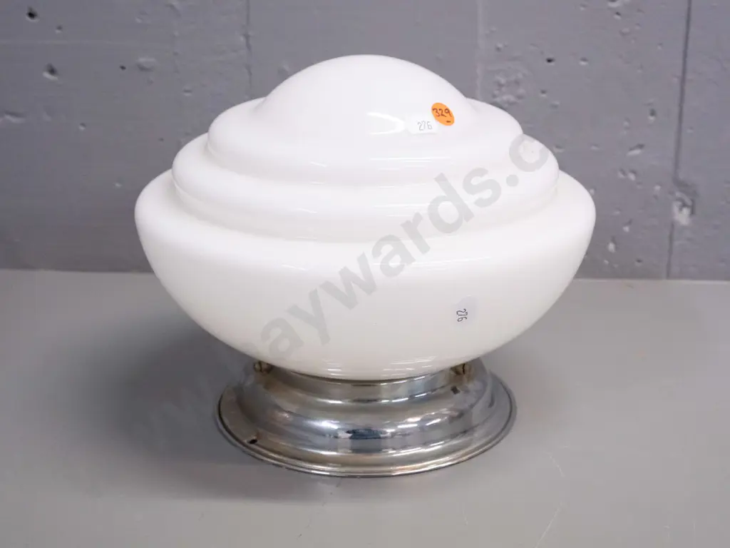deco milk glass stepped-form ceiling light shade with chrome journal - some discolouration to metal H-210 D-250 Image 1++