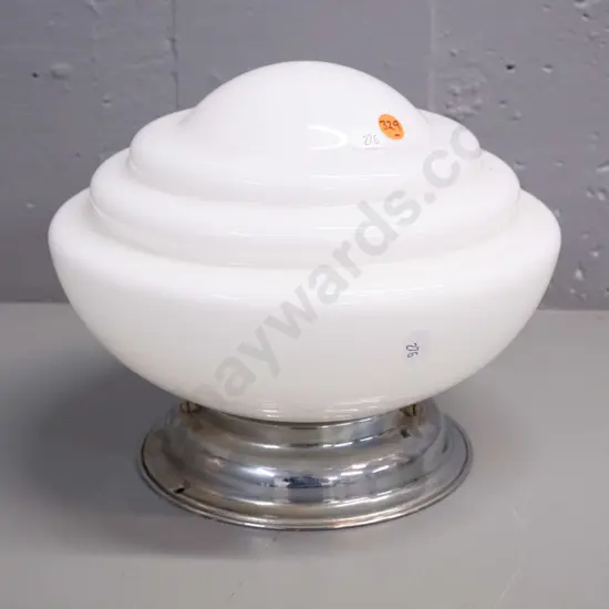 deco milk glass stepped-form ceiling light shade with chrome journal - some discolouration to metal H-210 D-250
