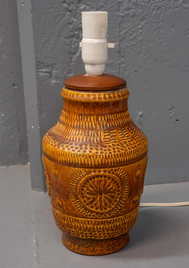 retro West German pottery table lamp with turned mahogany fitting surround - some label or adhesive residue H-350 Image 1++