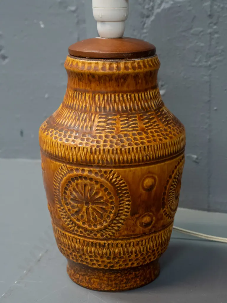 retro West German pottery table lamp with turned mahogany fitting surround - some label or adhesive residue H-350 Image 1++