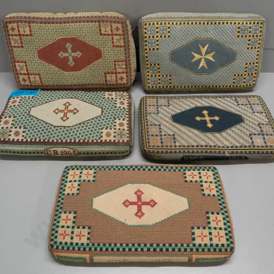 5 ecclesiastical kneeling pads with knitted covers, each dated 1965 with different initials - some wear and minor