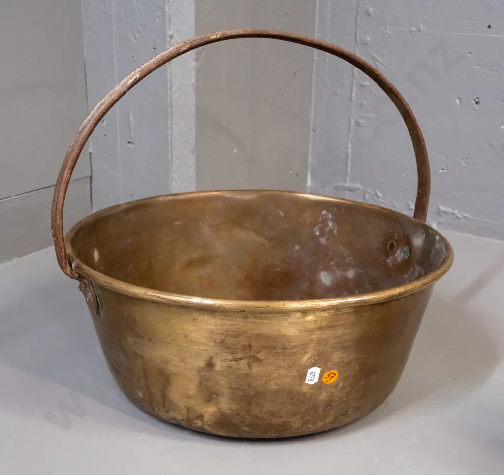 vintage brass jam pan with half-round fixed handle - overall denting and wear, some corrosion to handle H-345 D-400 Image 1++