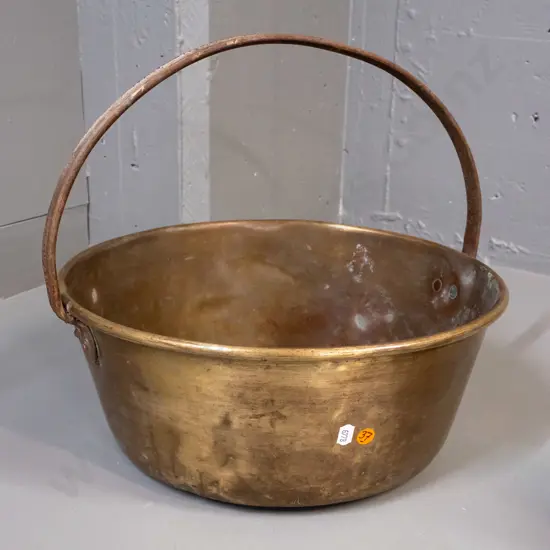 vintage brass jam pan with half-round fixed handle - overall denting and wear, some corrosion to handle H-345 D-400