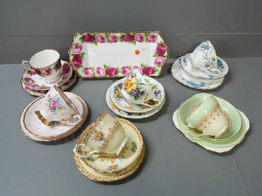 6 English bone china trios and a sandwich plate - Royal Albert, Royal Standard, Tuscan Image 1++