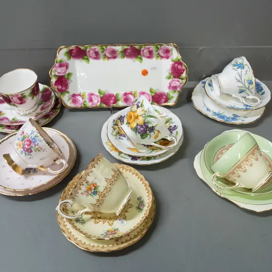 6 English bone china trios and a sandwich plate - Royal Albert, Royal Standard, Tuscan