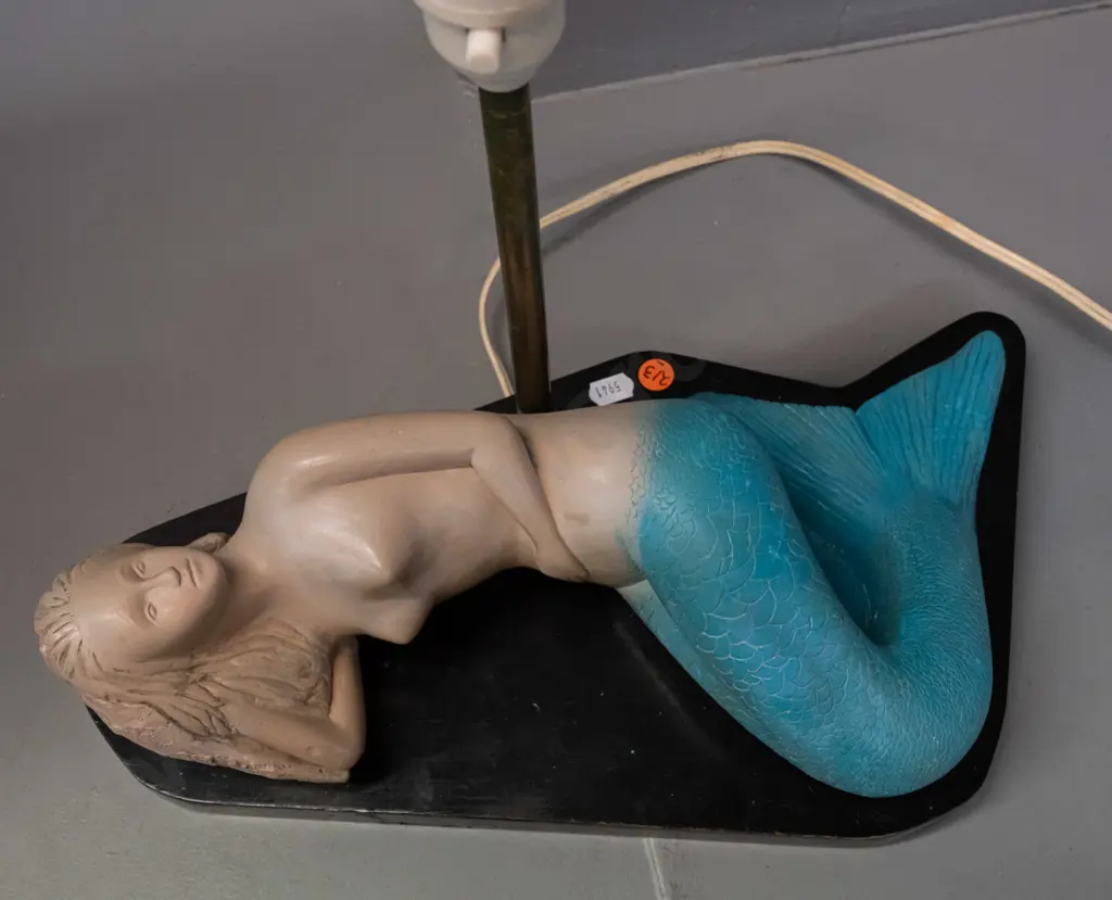 vintage reclining painted plaster mermaid on black finished wood base, brass upright to fitting - paint touch ups and Image 1++